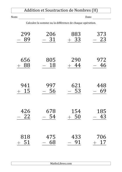 Addition et Soustraction d'un Nombre à 3 Chiffres par un Nombre à 2 Chiffres (Gros Caractère) (H)
