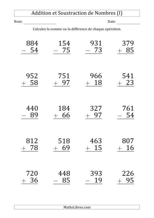 Addition et Soustraction d'un Nombre à 3 Chiffres par un Nombre à 2 Chiffres (Gros Caractère) (I)