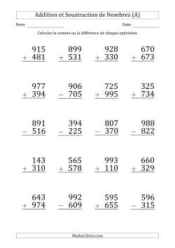 Addition et Soustraction d'un Nombre à 3 Chiffres par un Nombre à 3 Chiffres (Gros Caractère)