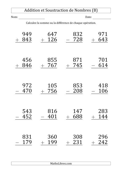 Addition et Soustraction d'un Nombre à 3 Chiffres par un Nombre à 3 Chiffres (Gros Caractère) (B)