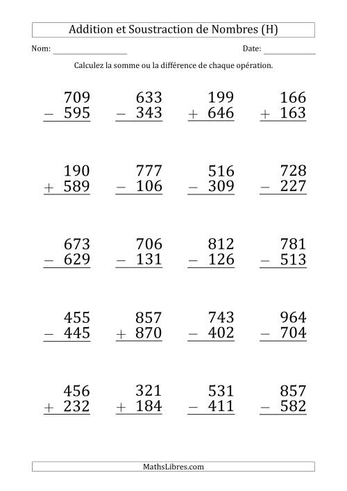 Addition et Soustraction d'un Nombre à 3 Chiffres par un Nombre à 3 Chiffres (Gros Caractère) (H)