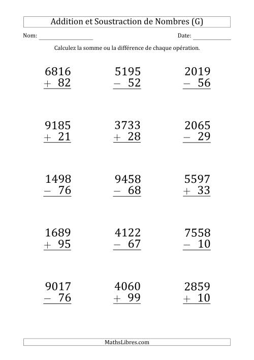 Addition et Soustraction d'un Nombre à 4 Chiffres par un Nombre à 2 Chiffres (Gros Caractère) (G)