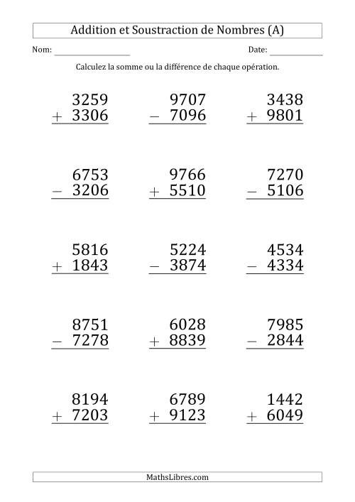 Addition et Soustraction d'un Nombre à 4 Chiffres par un Nombre à 4 Chiffres (Gros Caractère) (A)