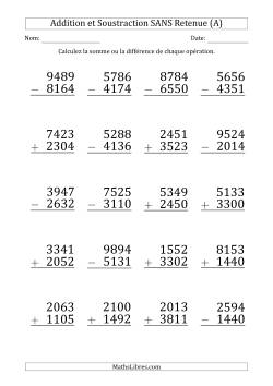 Addition et Soustraction d'un Nombre à 4 Chiffres par un Nombre à 4 Chiffres SANS retenue (Gros Caractère)