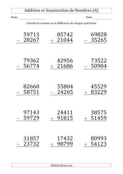 Addition et Soustraction d'un Nombre à 5 Chiffres par un Nombre à 5 Chiffres (Gros Caractère)