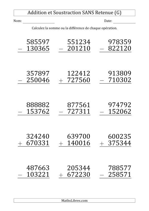 Addition et Soustraction d'un Nombre à 6 Chiffres par un Nombre à 6 Chiffres SANS retenue (Gros Caractère) (G)