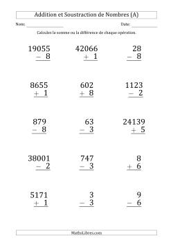 Addition et Soustraction de Divers Nombres par un Nombre à 1 Chiffre (Gros Caractère)