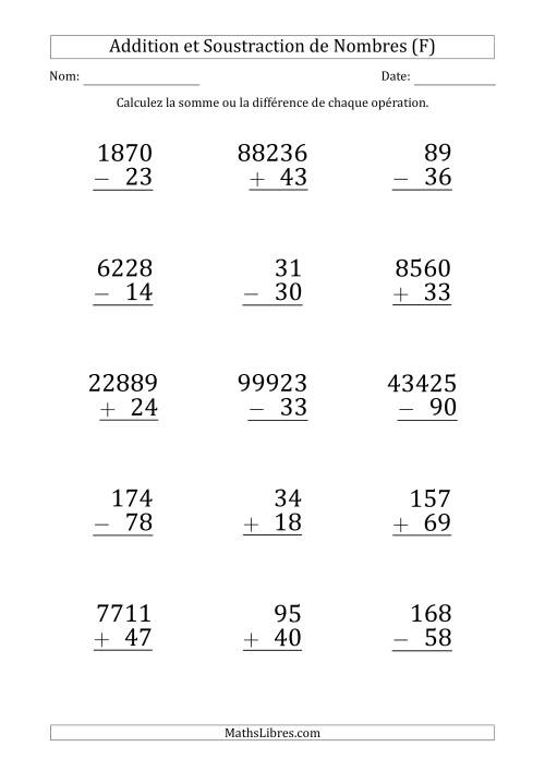 Addition et Soustraction de Divers Nombres par un Nombre à 2 Chiffres (Gros Caractère) (F)