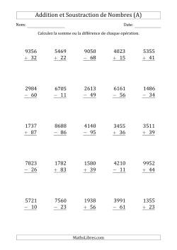 Addition et Soustraction d'un Nombre à 4 Chiffres par un Nombre à 2 Chiffres