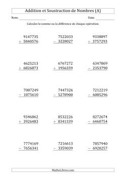 Addition et Soustraction d'un Nombre à 7 Chiffres par un Nombre à 7 Chiffres