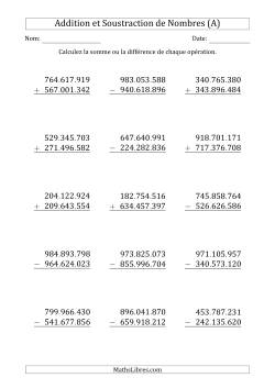 Addition et Soustraction des Nombres à 9 Chiffres (Point Comme Séparateur des Milliers)