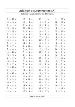 100 Questions sur l'Addition/Soustraction Horizontale de 1 à 12