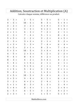 100 Questions sur l'Addition/Soustraction/Multplication Horizontale de 1 à 5