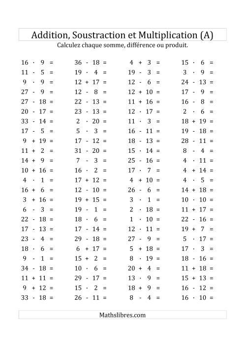 100 Questions sur l'Addition/Soustraction/Multplication Horizontale de 1 à 20 (Tout)