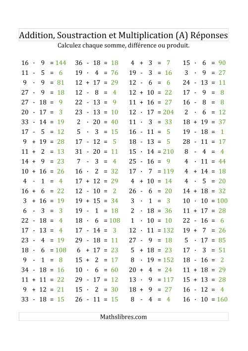 100 Questions sur l'Addition/Soustraction/Multplication Horizontale de 1 à 20 (Tout) page 2