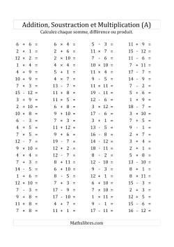 100 Questions sur l'Addition, Soustraction & Multiplication Horizontale de 1 à 12 (USA & Canada)