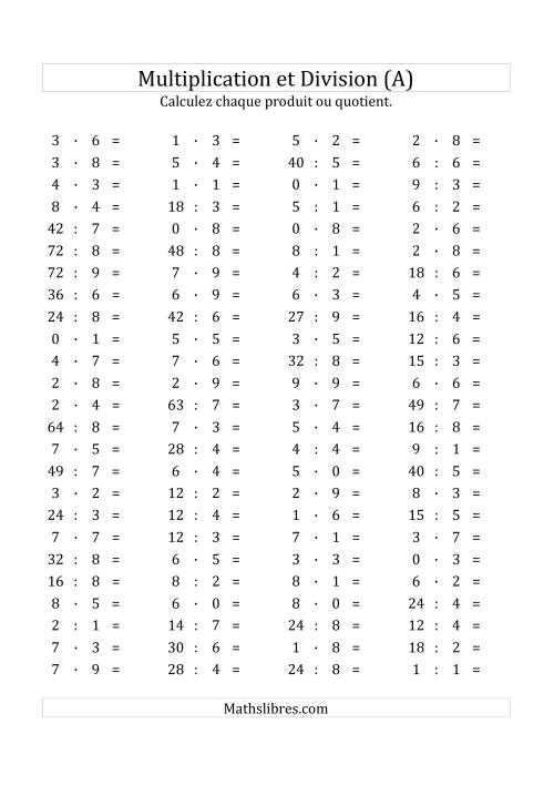 100 Questions sur la Multiplication/Division Horizontale de 0 à 9 (A)