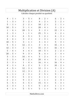 100 Questions sur la Multiplication/Division Horizontale de 1 à 5