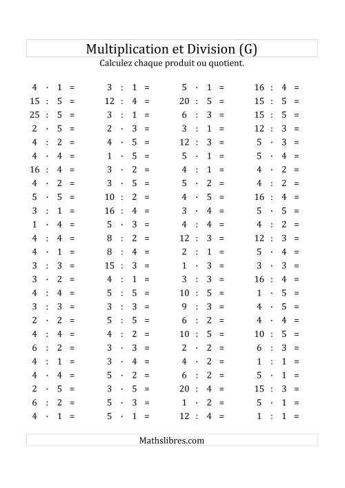100 Questions sur la Multiplication/Division Horizontale de 1 à 5 (G)