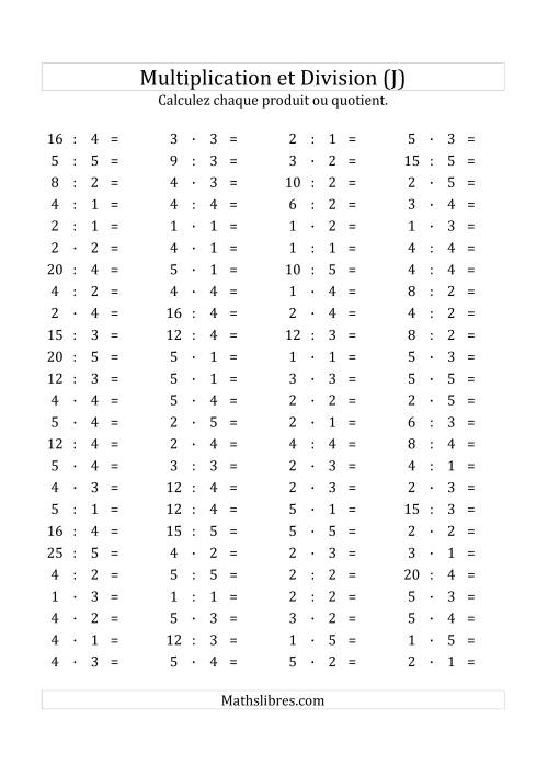 100 Questions sur la Multiplication/Division Horizontale de 1 à 5 (J)