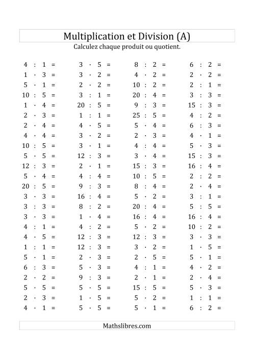 100 Questions sur la Multiplication/Division Horizontale de 1 à 5 (Tout)