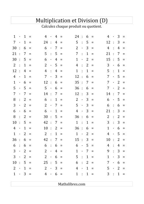 100 Questions sur la Multiplication/Division Horizontale de 1 à 7 (D)