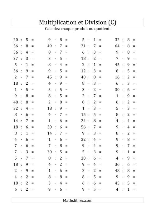100 Questions sur la Multiplication/Division Horizontale de 1 à 9 (C)