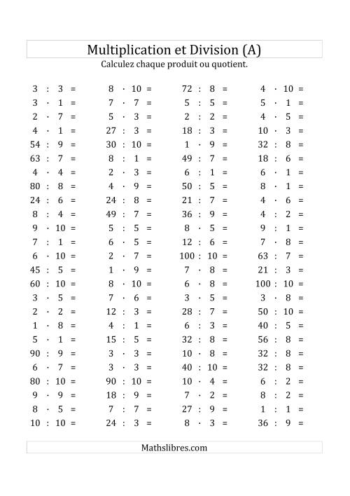 100 Questions sur la Multiplication/Division Horizontale de 1 à 10 (A)