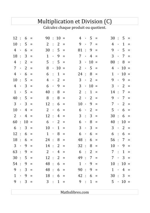 100 Questions sur la Multiplication/Division Horizontale de 1 à 10 (C)