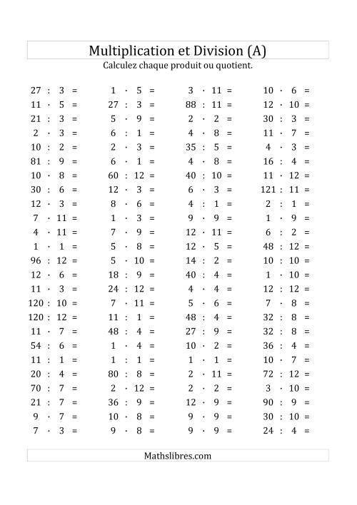 100 Questions sur la Multiplication/Division Horizontale de 1 à 12 (A)