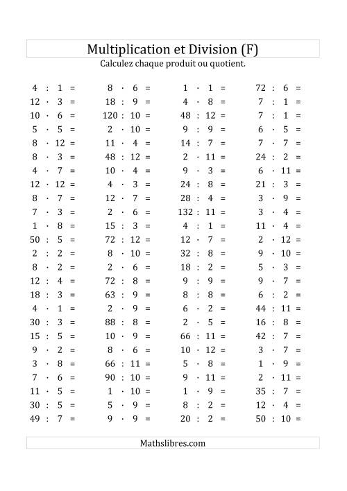 100 Questions sur la Multiplication/Division Horizontale de 1 à 12 (F)