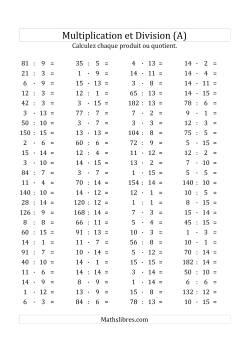 100 Questions sur la Multiplication/Division Horizontale de 1 à 15