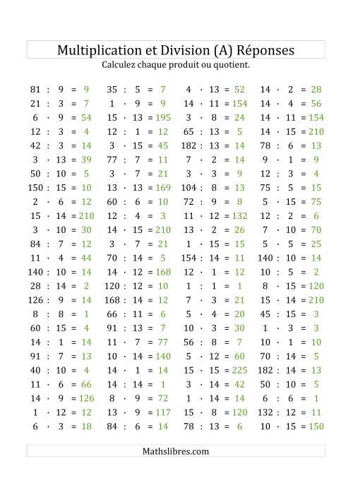 100 Questions sur la Multiplication/Division Horizontale de 1 à 15 (A) page 2