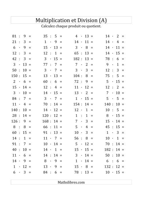 100 Questions sur la Multiplication/Division Horizontale de 1 à 15 (Tout)