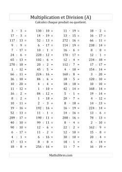 100 Questions sur la Multiplication/Division Horizontale de 1 à 20