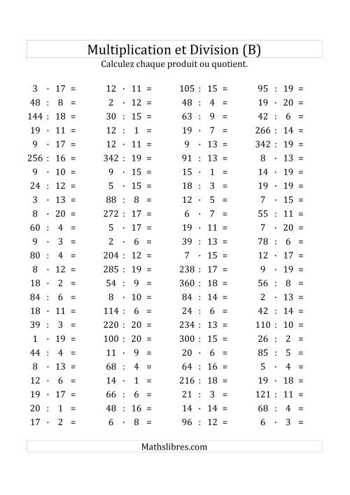 100 Questions sur la Multiplication/Division Horizontale de 1 à 20 (B)