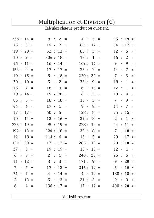 100 Questions sur la Multiplication/Division Horizontale de 1 à 20 (C)