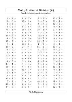 100 Questions sur la Multiplication/Division Horizontale de 0 à 9 (USA & Canada)