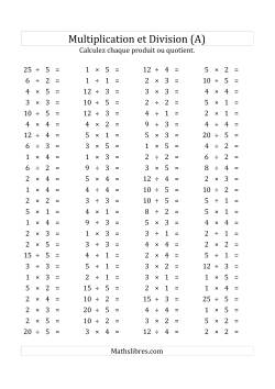 100 Questions sur la Multiplication/Division Horizontale de 1 à 5 (USA & Canada)