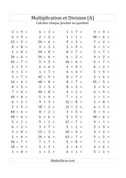 100 Questions sur la Multiplication/Division Horizontale de 1 à 9 (USA & Canada)