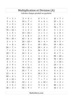 100 Questions sur la Multiplication/Division Horizontale de 1 à 10 (USA & Canada)