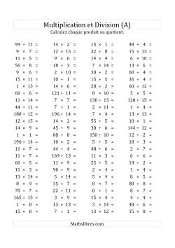 100 Questions sur la Multiplication/Division Horizontale de 1 à 15 (USA & Canada)