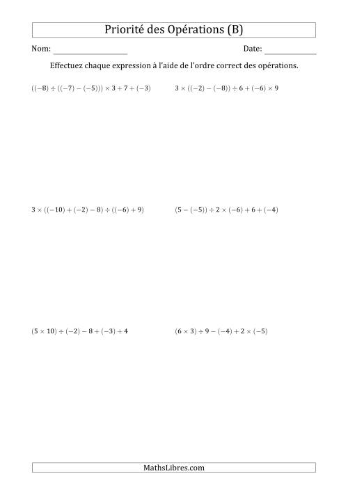 Priorité des Opérations sur les Nombres Entiers Positifs  Négatifs à Cinq Étapes (Sans Exposents) (B)