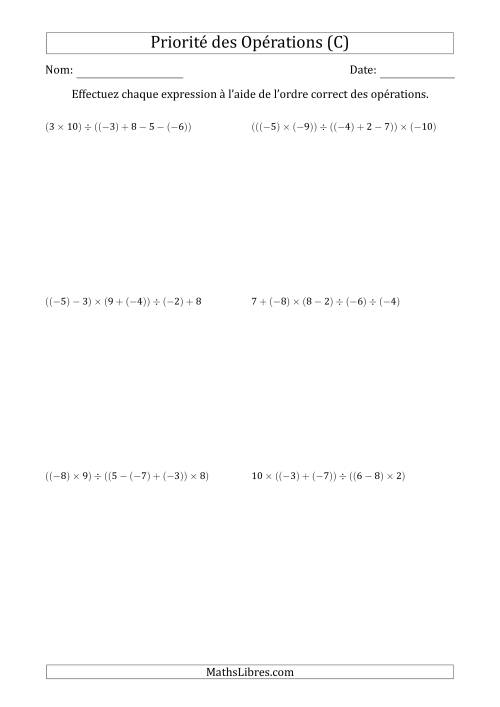 Priorité des Opérations sur les Nombres Entiers Positifs  Négatifs à Cinq Étapes (Sans Exposents) (C)