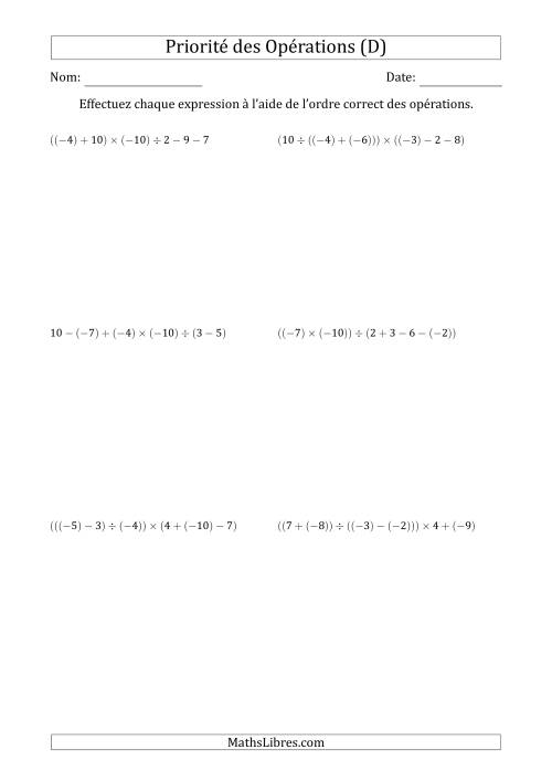 Priorité des Opérations sur les Nombres Entiers Positifs  Négatifs à Cinq Étapes (Sans Exposents) (D)