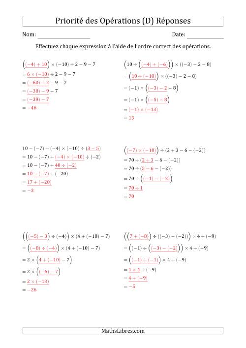Priorité des Opérations sur les Nombres Entiers Positifs  Négatifs à Cinq Étapes (Sans Exposents) (D) page 2