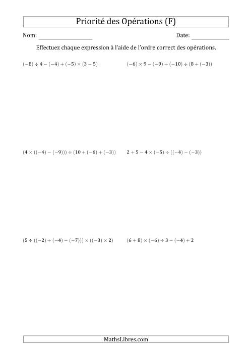 Priorité des Opérations sur les Nombres Entiers Positifs  Négatifs à Cinq Étapes (Sans Exposents) (F)