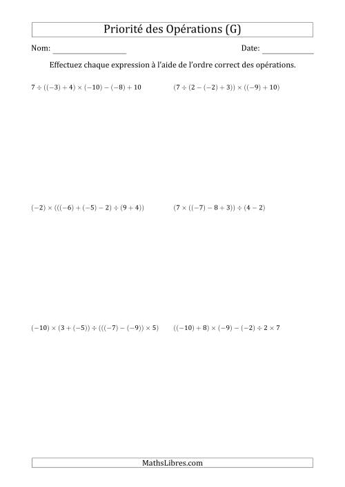 Priorité des Opérations sur les Nombres Entiers Positifs  Négatifs à Cinq Étapes (Sans Exposents) (G)