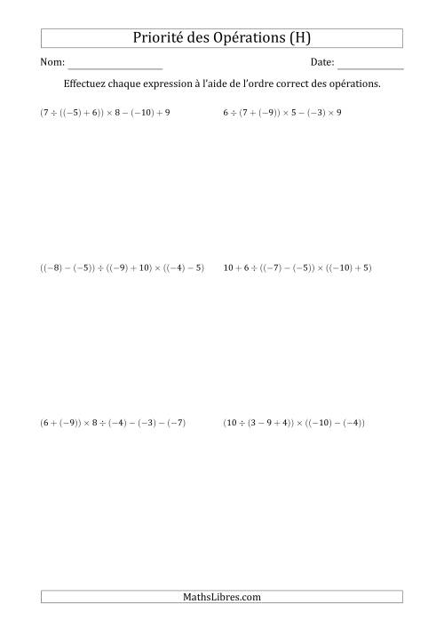 Priorité des Opérations sur les Nombres Entiers Positifs  Négatifs à Cinq Étapes (Sans Exposents) (H)