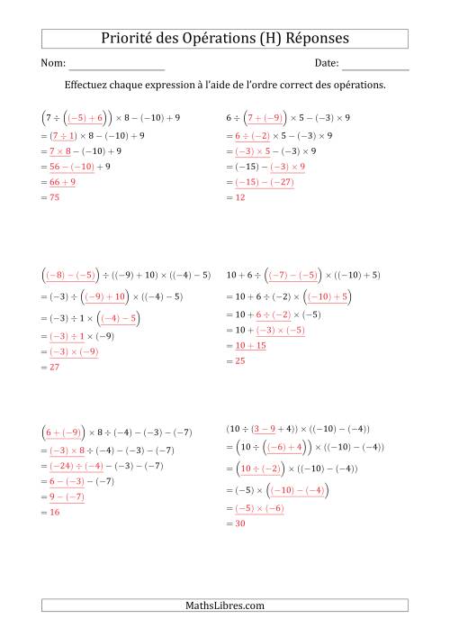 Priorité des Opérations sur les Nombres Entiers Positifs  Négatifs à Cinq Étapes (Sans Exposents) (H) page 2